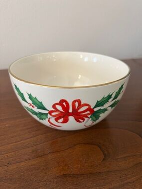 Lenox Holiday Bowl with Red Ribbon and Green Holly